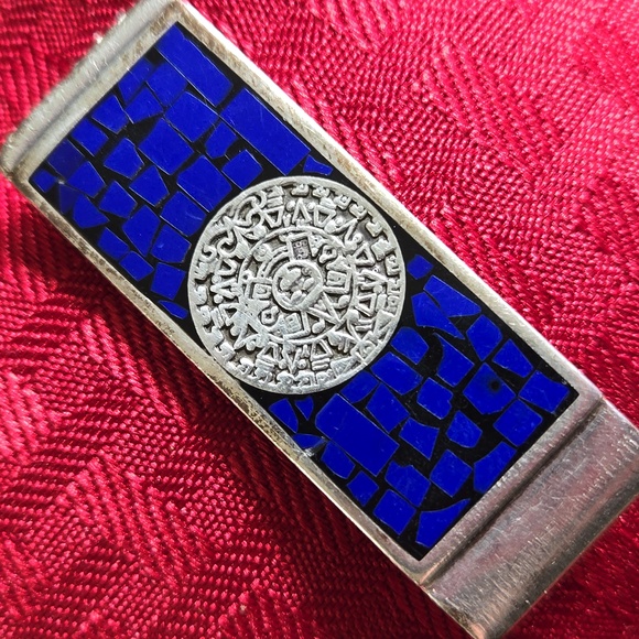 Vintage 925 Sterling Silver & Lapis Money Clip, Aztec Symbol. - Picture 7 of 9